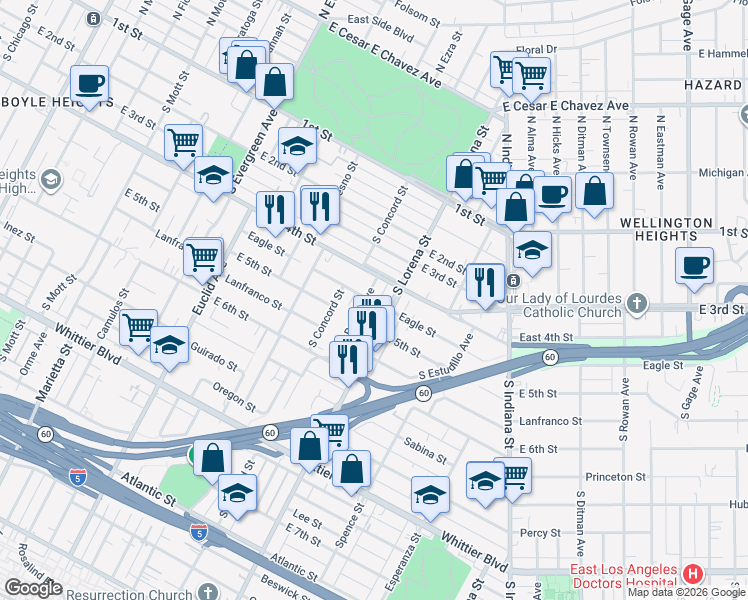 map of restaurants, bars, coffee shops, grocery stores, and more near 436 South Bernal Avenue in Los Angeles