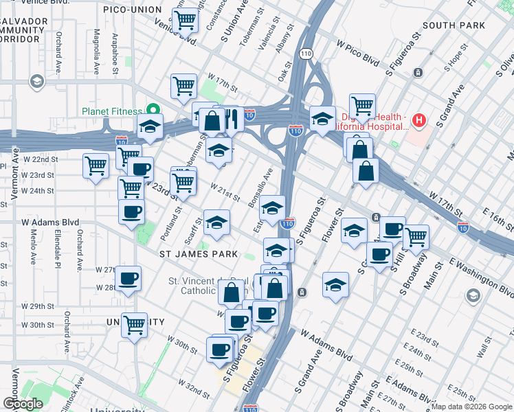 map of restaurants, bars, coffee shops, grocery stores, and more near 514 West 21st Street in Los Angeles