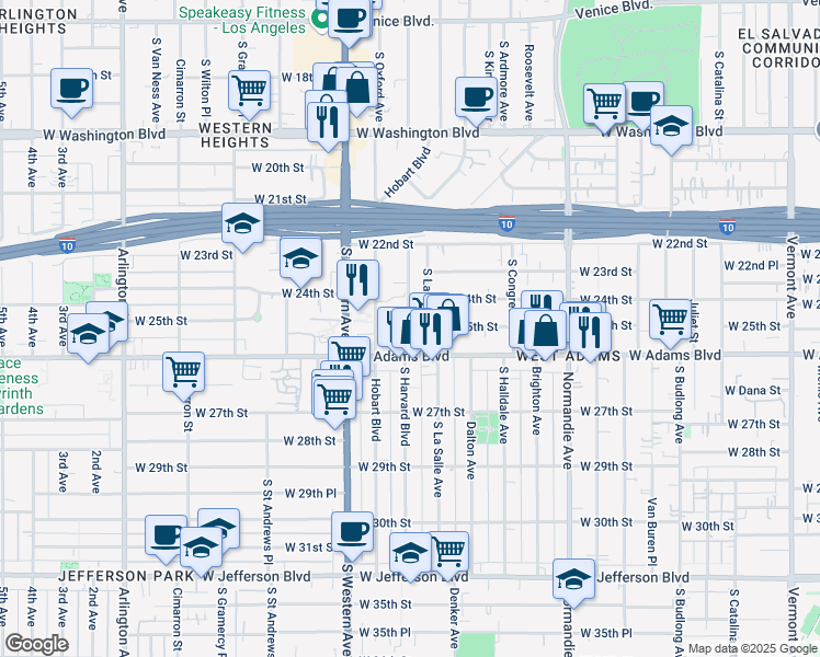 map of restaurants, bars, coffee shops, grocery stores, and more near 1920 West 25th Street in Los Angeles