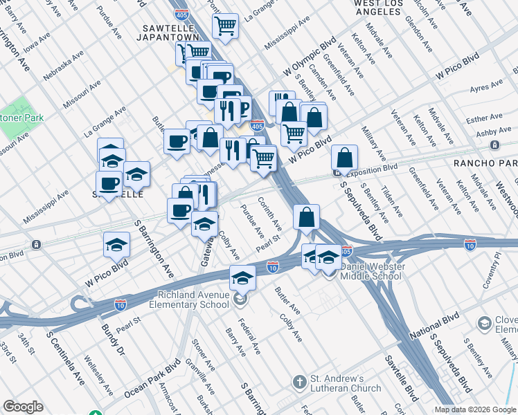 map of restaurants, bars, coffee shops, grocery stores, and more near 2456 Corinth Avenue in Los Angeles
