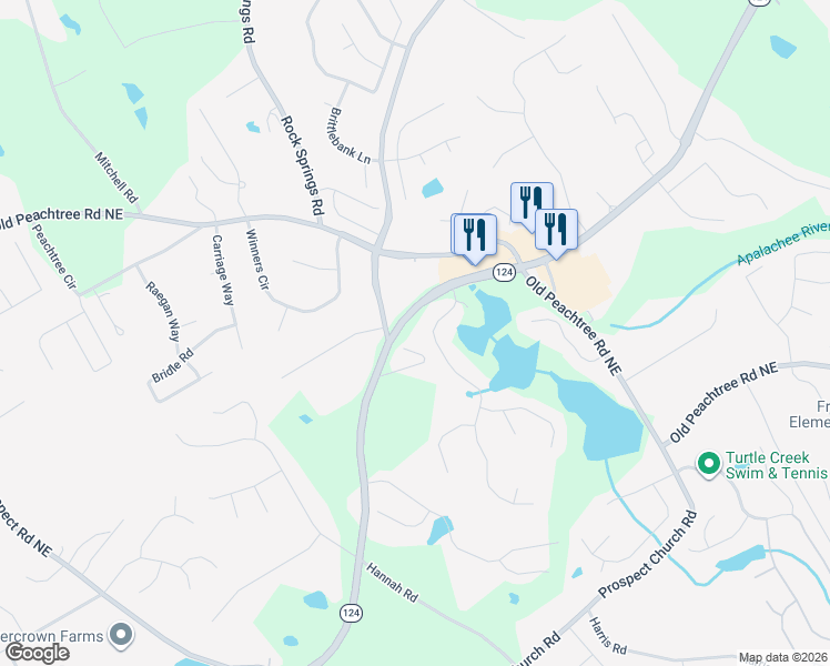 map of restaurants, bars, coffee shops, grocery stores, and more near 1761 Georgia 124 in Lawrenceville