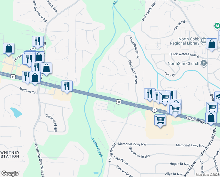 map of restaurants, bars, coffee shops, grocery stores, and more near 225 Park Forest Way Northwest in Kennesaw