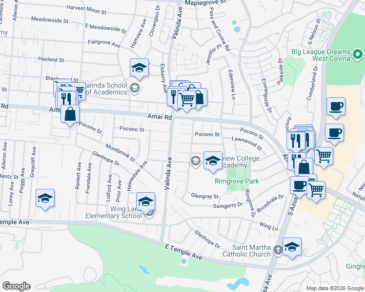 map of restaurants, bars, coffee shops, grocery stores, and more near 16618 Lawnwood Street in La Puente