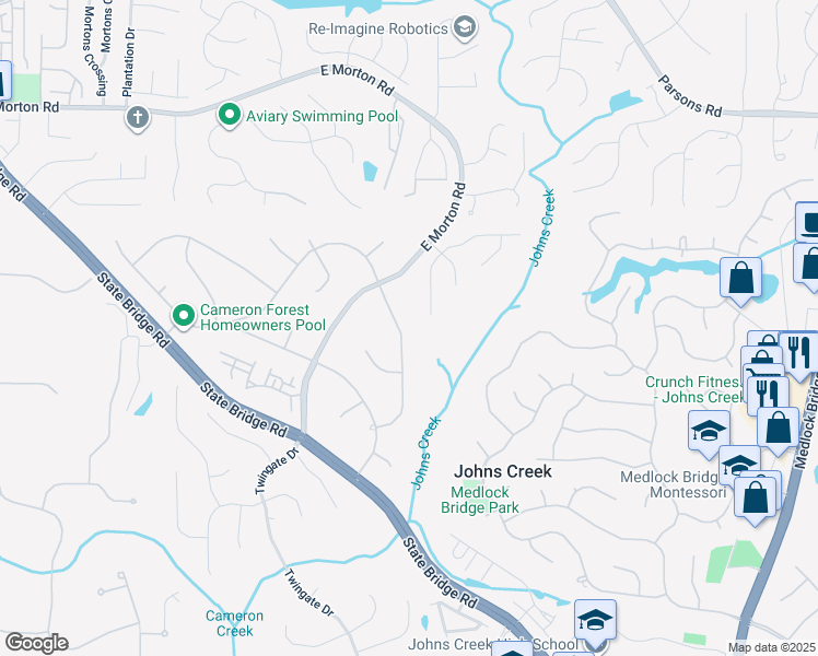 map of restaurants, bars, coffee shops, grocery stores, and more near 5415 Cameron Forest Pkwy in Alpharetta