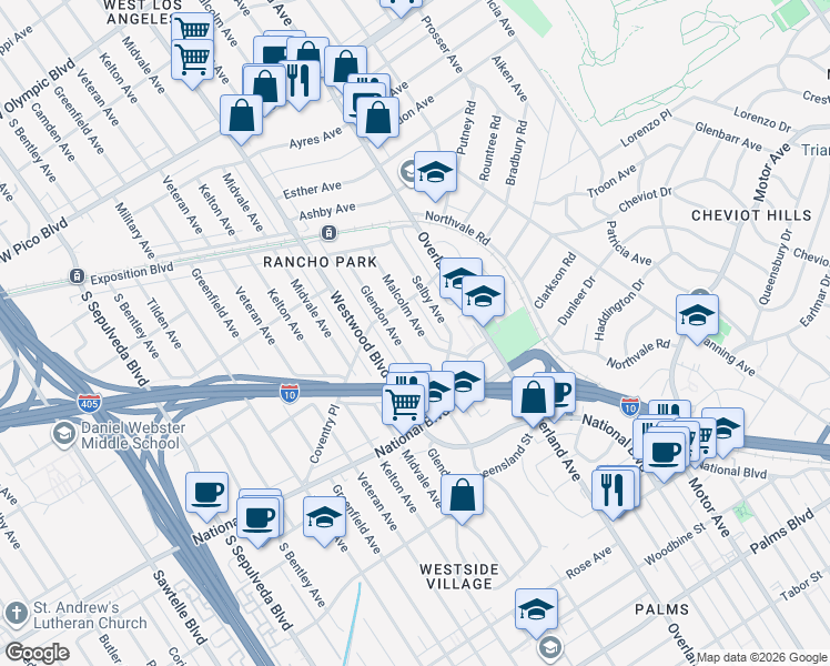 map of restaurants, bars, coffee shops, grocery stores, and more near 2831 Malcolm Avenue in Los Angeles