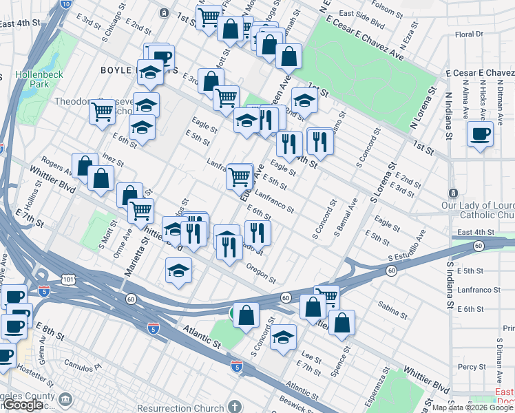 map of restaurants, bars, coffee shops, grocery stores, and more near 3027 East 6th Street in Los Angeles