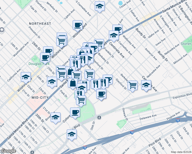 map of restaurants, bars, coffee shops, grocery stores, and more near 1518 Yale Street in Santa Monica