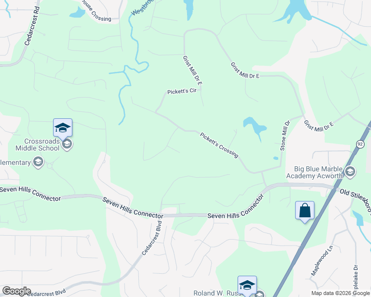 map of restaurants, bars, coffee shops, grocery stores, and more near 71 Pickett's View in Acworth