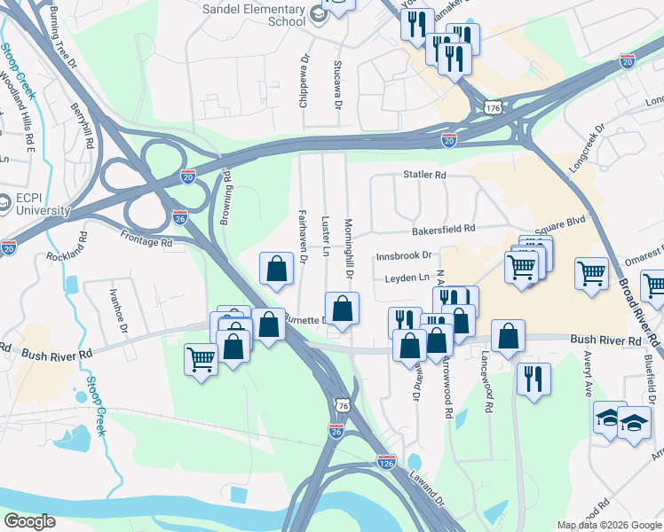 map of restaurants, bars, coffee shops, grocery stores, and more near 1626 Luster Lane in Columbia