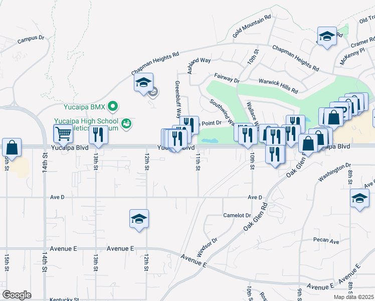 map of restaurants, bars, coffee shops, grocery stores, and more near 33075 Yucaipa Boulevard in Yucaipa