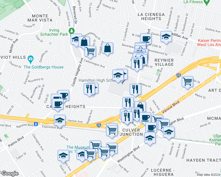 map of restaurants, bars, coffee shops, grocery stores, and more near 3030 South Canfield Avenue in Los Angeles