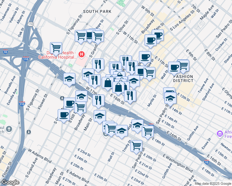 map of restaurants, bars, coffee shops, grocery stores, and more near 1501 South Los Angeles Street in Los Angeles