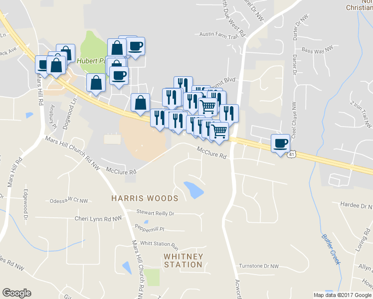 map of restaurants, bars, coffee shops, grocery stores, and more near 3207 Blowing Wind Way Southwest in Acworth