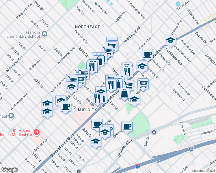 map of restaurants, bars, coffee shops, grocery stores, and more near 2510 Arizona Avenue in Santa Monica