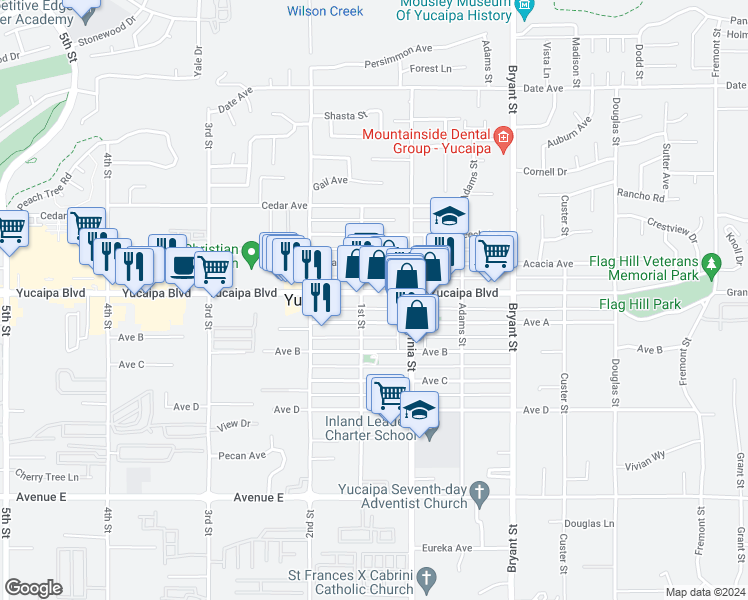 map of restaurants, bars, coffee shops, grocery stores, and more near 35025 Yucaipa Boulevard in Yucaipa