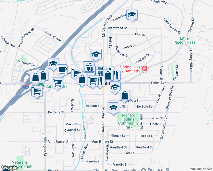 map of restaurants, bars, coffee shops, grocery stores, and more near 22505 Barton Road in Grand Terrace