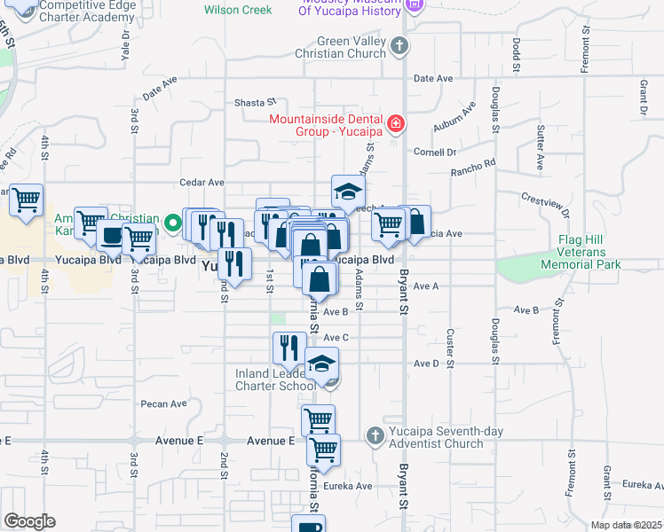 map of restaurants, bars, coffee shops, grocery stores, and more near 35139 Yucaipa Boulevard in Yucaipa