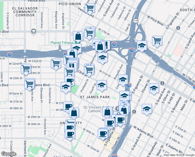 map of restaurants, bars, coffee shops, grocery stores, and more near 2142 Oak Street in Los Angeles