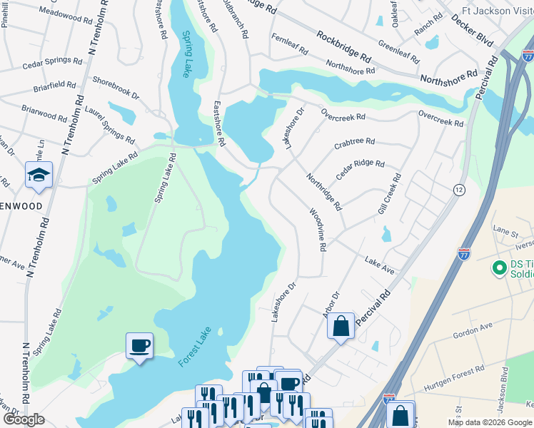 map of restaurants, bars, coffee shops, grocery stores, and more near 6033 Lakeshore Drive in Columbia