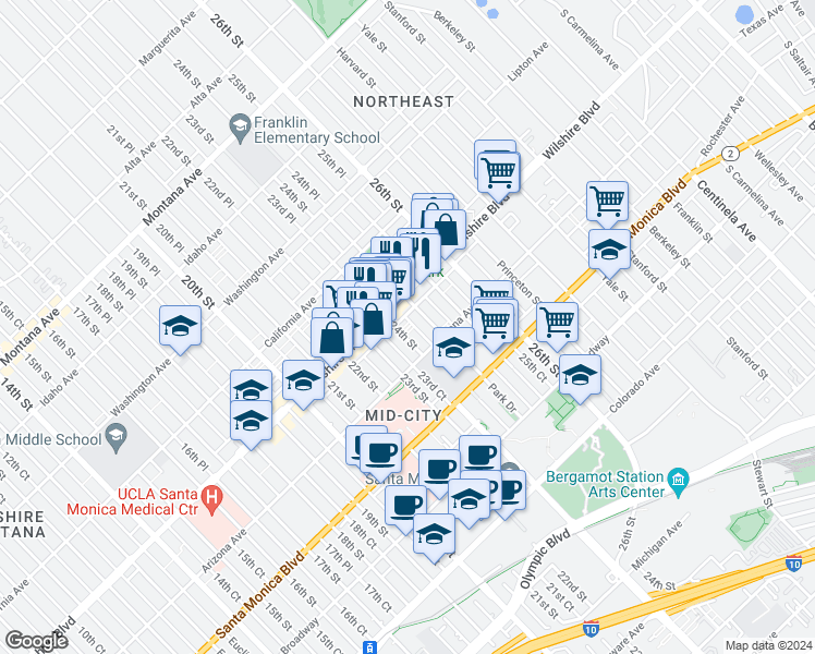 map of restaurants, bars, coffee shops, grocery stores, and more near 1227 24th Street in Santa Monica