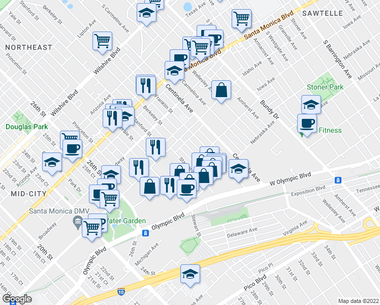 map of restaurants, bars, coffee shops, grocery stores, and more near 1642 Berkeley Street in Santa Monica