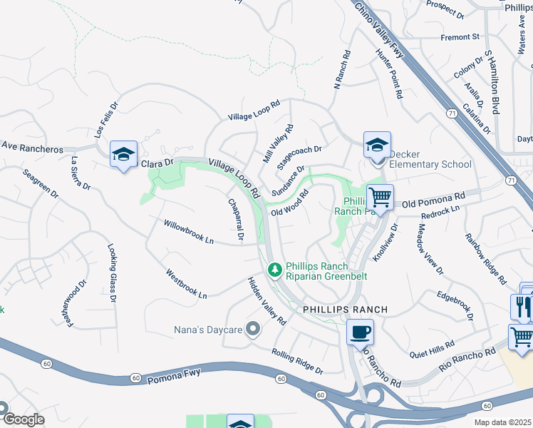 map of restaurants, bars, coffee shops, grocery stores, and more near 2 Old Wood Road in Pomona