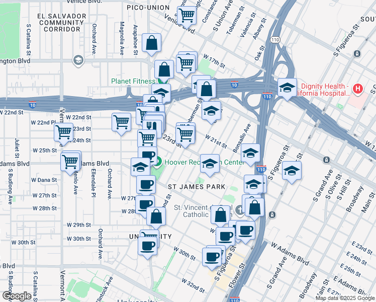 map of restaurants, bars, coffee shops, grocery stores, and more near 922 West 23rd Street in Los Angeles