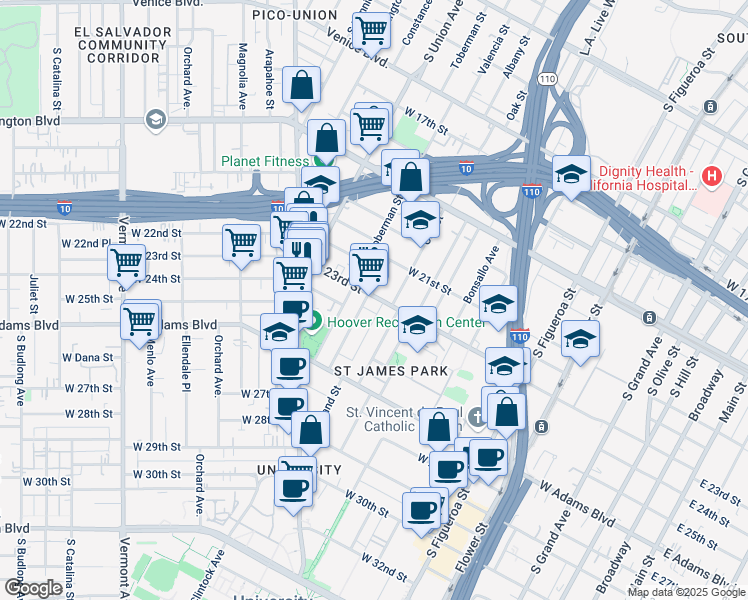 map of restaurants, bars, coffee shops, grocery stores, and more near 922 West 23rd Street in Los Angeles