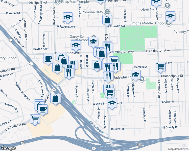 map of restaurants, bars, coffee shops, grocery stores, and more near 306 Bardley Court in Pomona