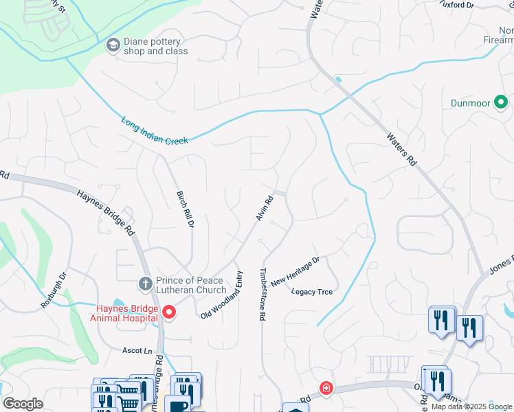 map of restaurants, bars, coffee shops, grocery stores, and more near 10350 Alvin Road in Johns Creek