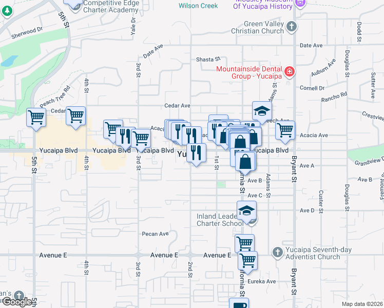 map of restaurants, bars, coffee shops, grocery stores, and more near in Yucaipa