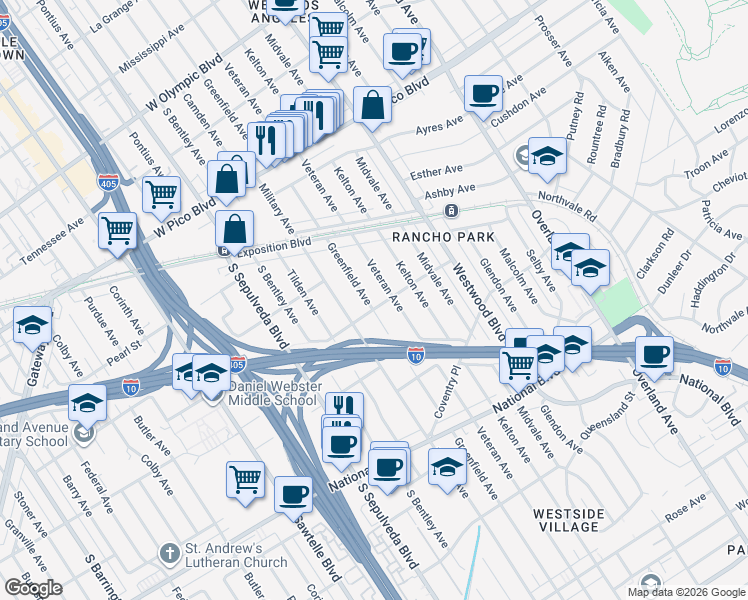 map of restaurants, bars, coffee shops, grocery stores, and more near 2692 Greenfield Avenue in Los Angeles
