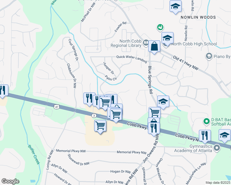 map of restaurants, bars, coffee shops, grocery stores, and more near 3158 Chapel Road Northwest in Kennesaw