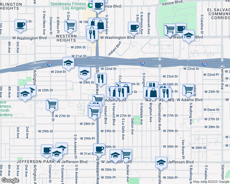 map of restaurants, bars, coffee shops, grocery stores, and more near 1920 West 25th Street in Los Angeles
