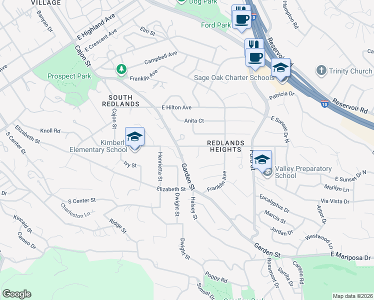 map of restaurants, bars, coffee shops, grocery stores, and more near 102 East South Avenue in Redlands