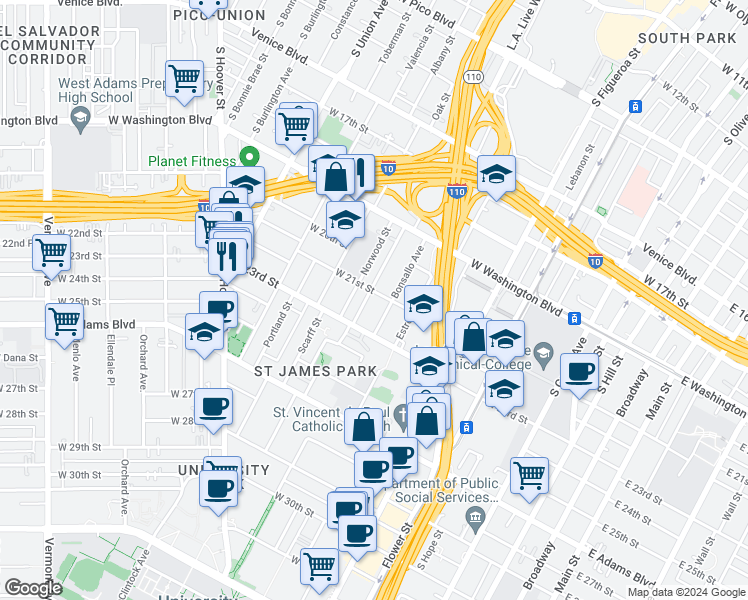 map of restaurants, bars, coffee shops, grocery stores, and more near 2104 Park Grove Avenue in Los Angeles