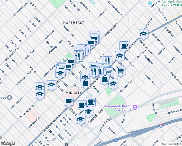 map of restaurants, bars, coffee shops, grocery stores, and more near 2510 Arizona Avenue in Santa Monica