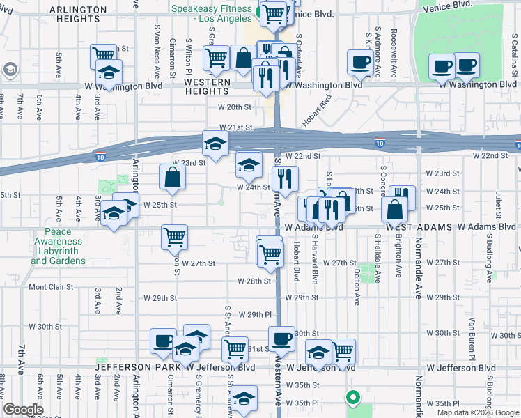 map of restaurants, bars, coffee shops, grocery stores, and more near 2425 South Western Avenue in Los Angeles