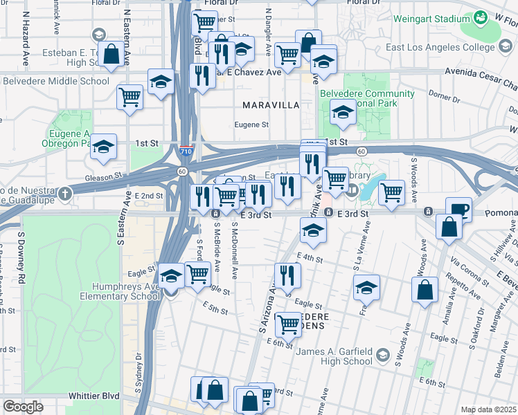 map of restaurants, bars, coffee shops, grocery stores, and more near 4641 East 3rd Street in East Los Angeles