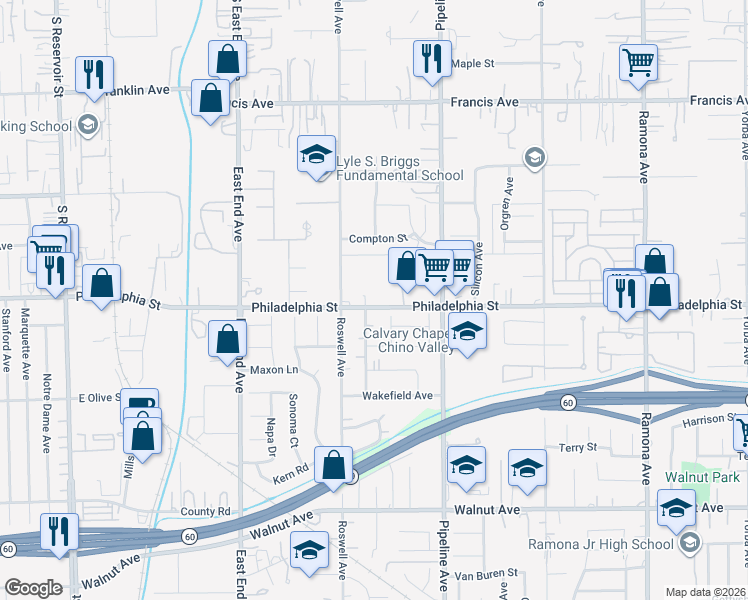 map of restaurants, bars, coffee shops, grocery stores, and more near 3964 Philadelphia Street in Chino