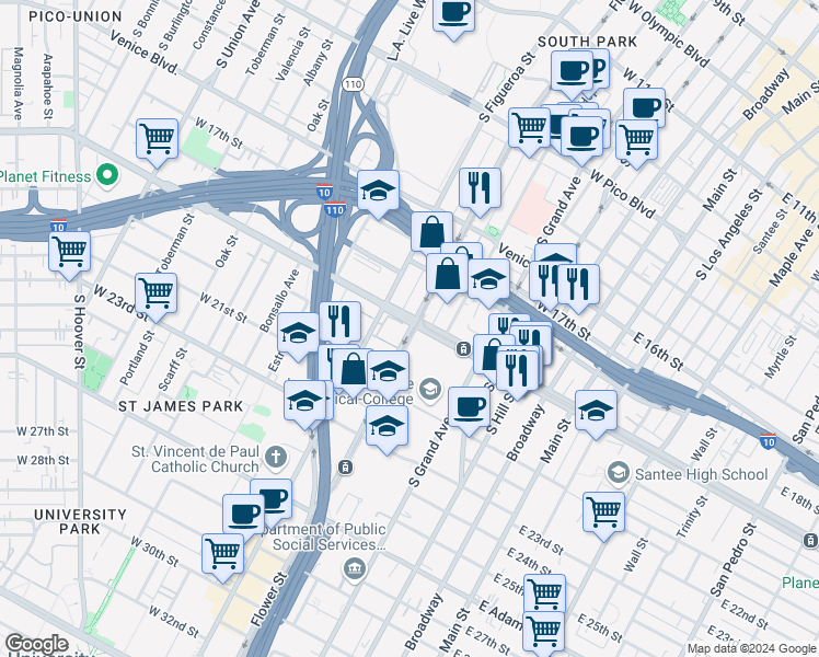 map of restaurants, bars, coffee shops, grocery stores, and more near 486 West Washington Boulevard in Los Angeles