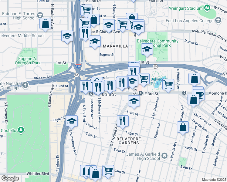 map of restaurants, bars, coffee shops, grocery stores, and more near 4655 East 3rd Street in East Los Angeles