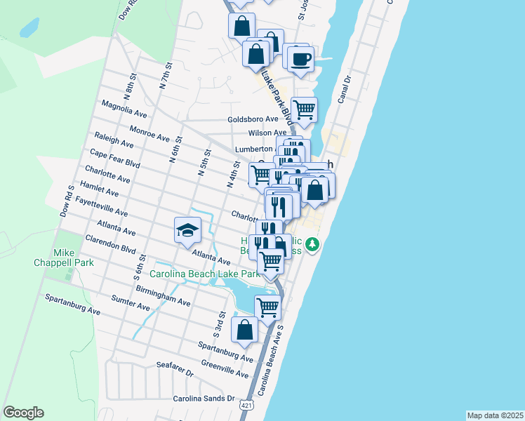 map of restaurants, bars, coffee shops, grocery stores, and more near 8 South Third Street in Carolina Beach