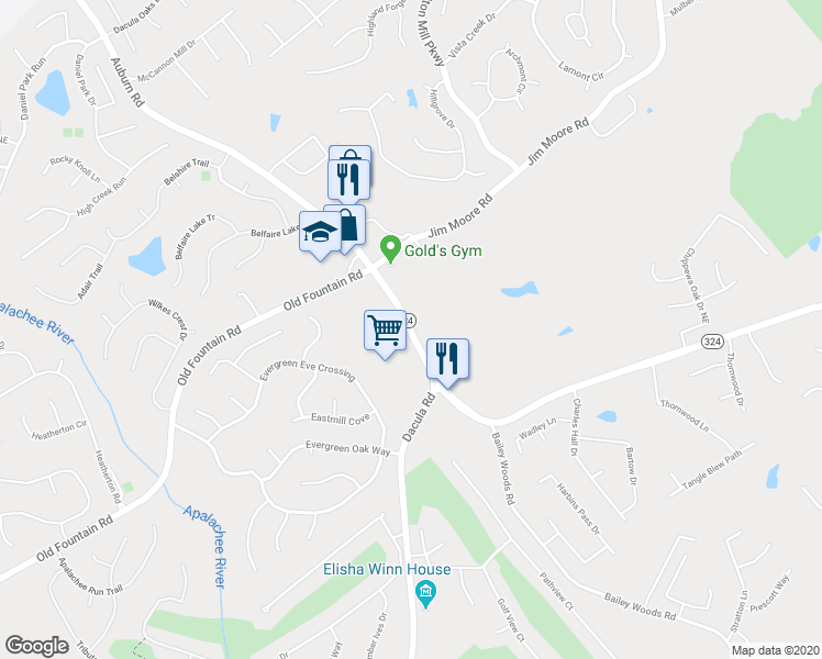 map of restaurants, bars, coffee shops, grocery stores, and more near 1222 Auburn Road in Dacula