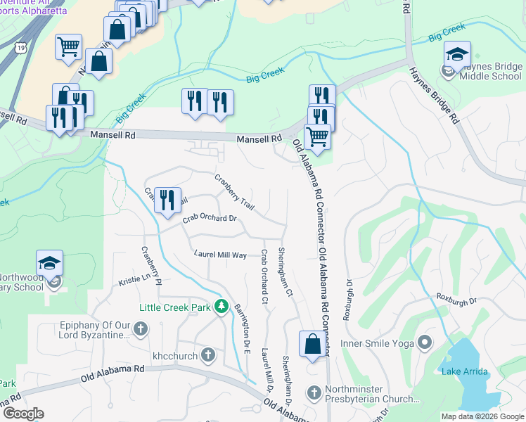 map of restaurants, bars, coffee shops, grocery stores, and more near 635 Cranberry Trail in Roswell