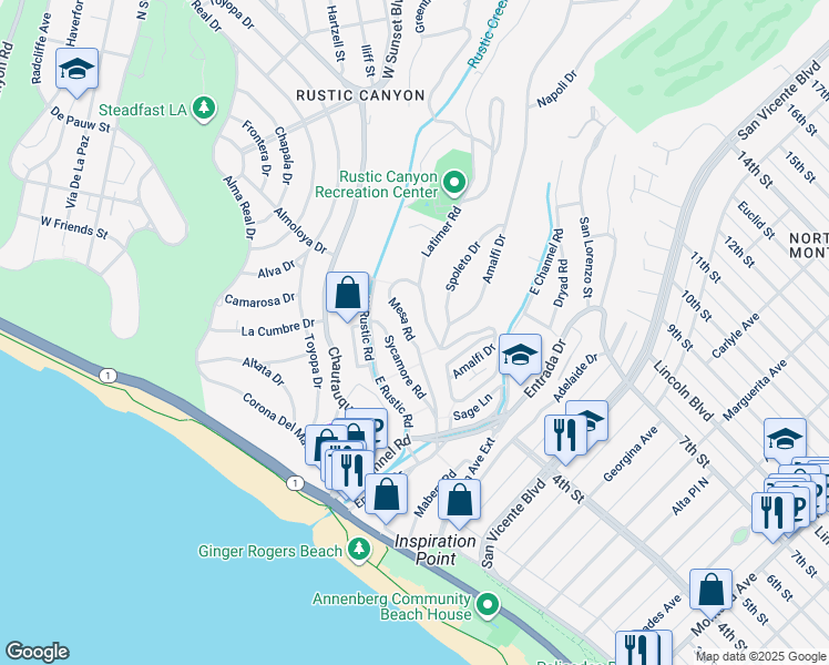 map of restaurants, bars, coffee shops, grocery stores, and more near 433 Mesa Road in Santa Monica