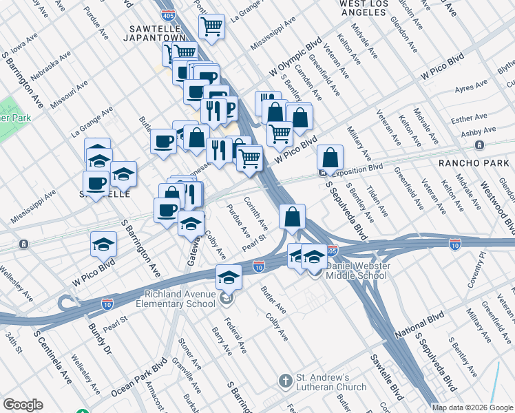 map of restaurants, bars, coffee shops, grocery stores, and more near 2450 Corinth Avenue in Los Angeles
