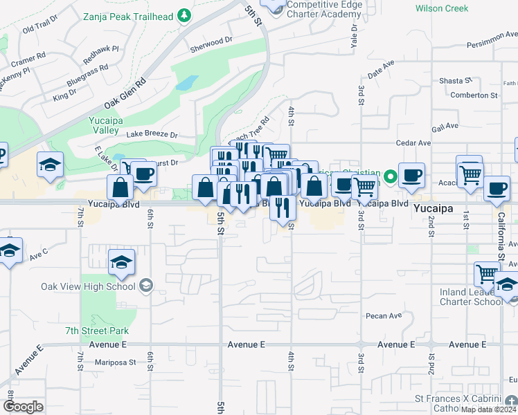 map of restaurants, bars, coffee shops, grocery stores, and more near 34409 Yucaipa Boulevard in Yucaipa