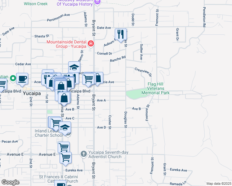 map of restaurants, bars, coffee shops, grocery stores, and more near 35439 Yucaipa Boulevard in Yucaipa