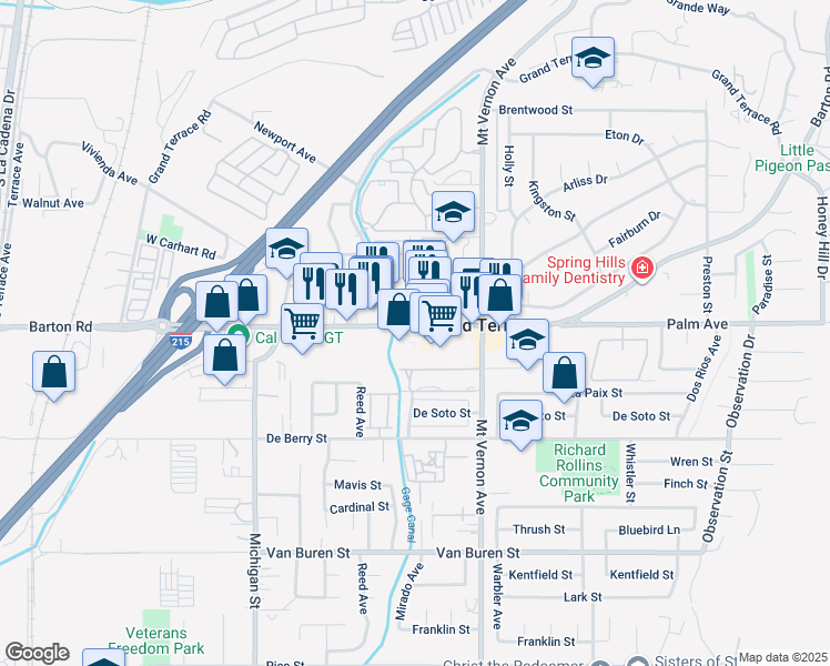 map of restaurants, bars, coffee shops, grocery stores, and more near 22377 Barton Rd in Grand Terrace